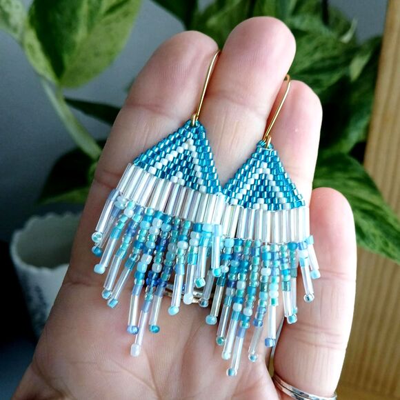 Boho Chic Beaded Cascade Fringe Dangle Earrings, Seed Bead Jewelry 3" - Picture 8 of 9